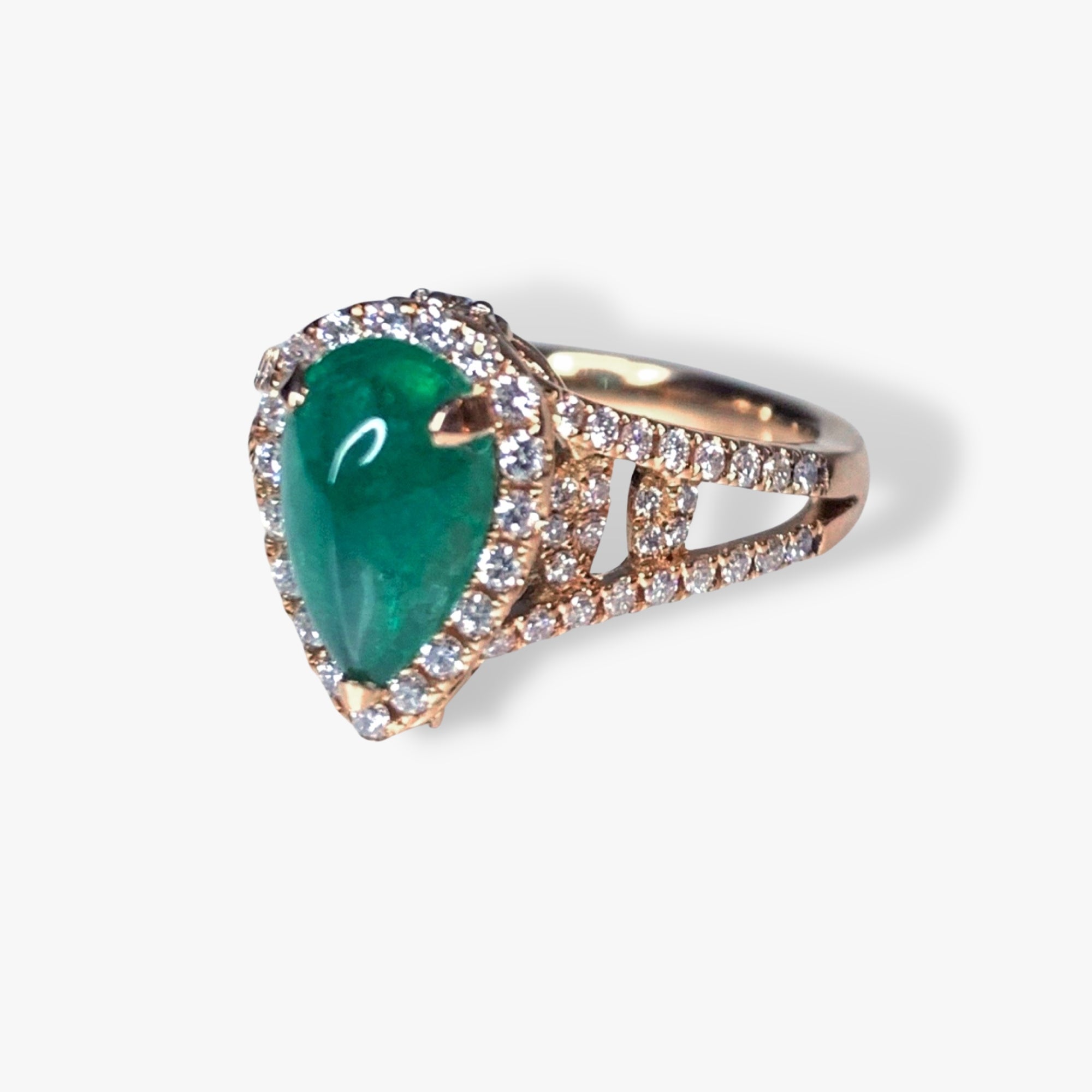 18k Rose Gold Pear-Shaped Cabochon Emerald Diamond Halo Ring Side View