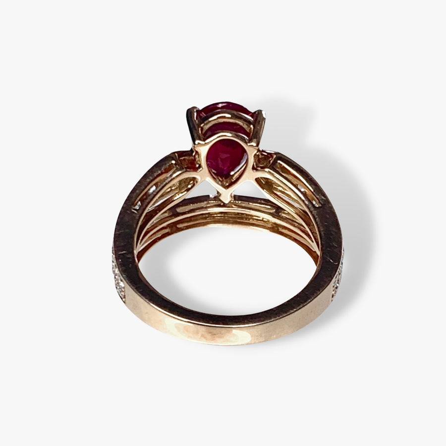 18k Rose Gold Pear-Shaped Ruby and Diamond Split Shank Ring Back View