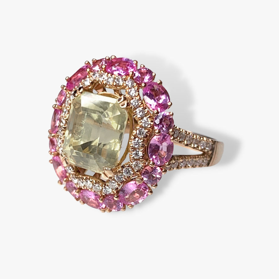 18k Rose Gold Yellow and Pink Sapphire Cocktail Ring Side View