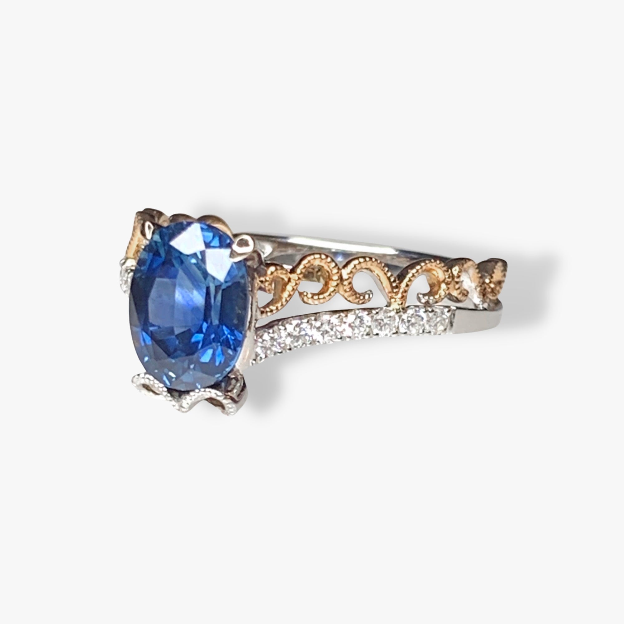 18k Rose and White Gold Oval Blue Sapphire Diamond Split Shank Vintage Ring Side View
