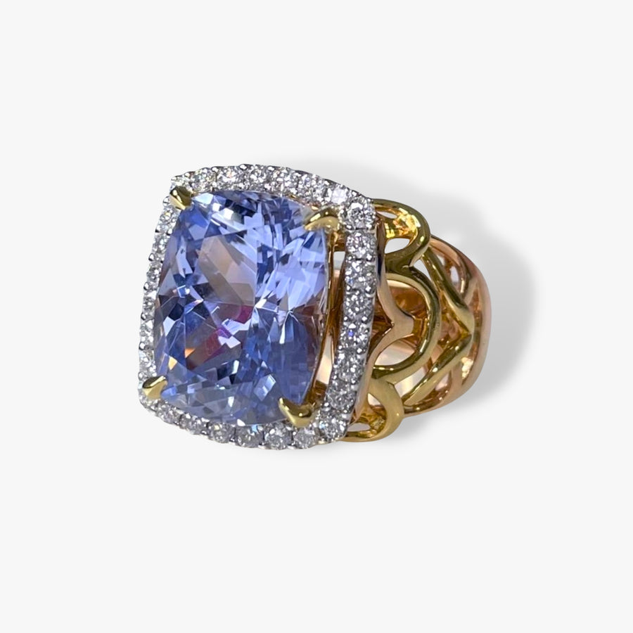 18k Rose and Yellow Gold Cushion Cut Purple Sapphire Diamond Halo Cocktail Ring Side View