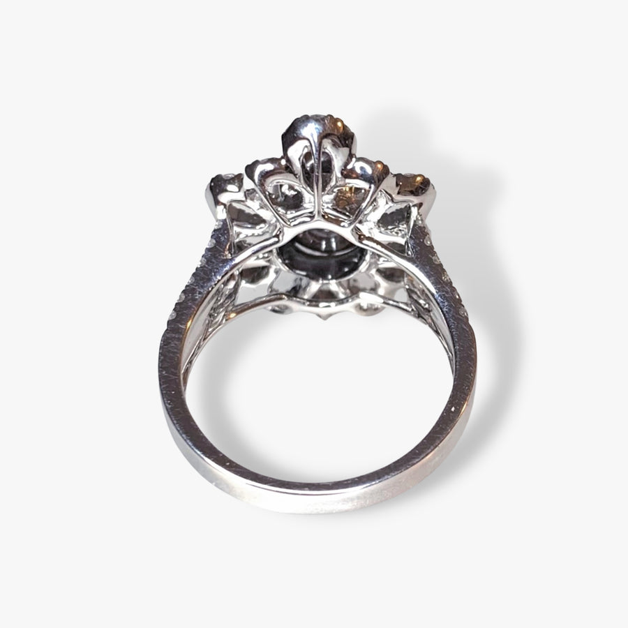 18k White Gold Black Opal Diamond Floral Ring Back View