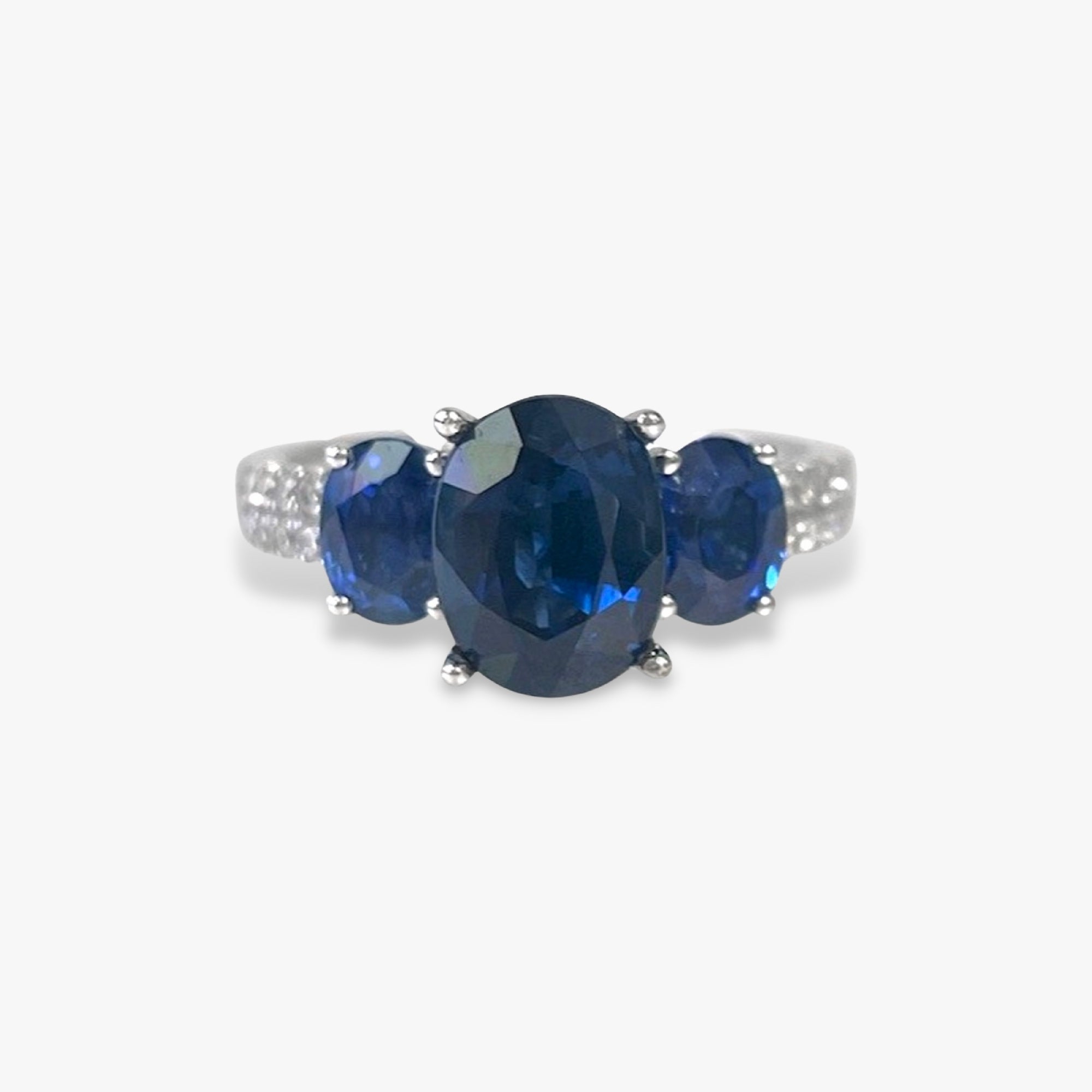 18k White Gold Blue Sapphire Diamond Pavé Three-Stone Ring