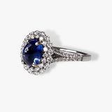 18k White Gold Cabochon Blue Sapphire Diamond Double Halo Ring Side View