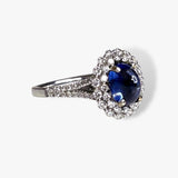 18k White Gold Cabochon Blue Sapphire Diamond Double Halo Ring Side View