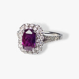 18k White Gold Elongated Cushion Ruby Diamond Double Halo Ring Side View
