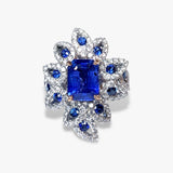 18k White Gold Emerald Cut Blue Sapphire and Diamond Floral Ring