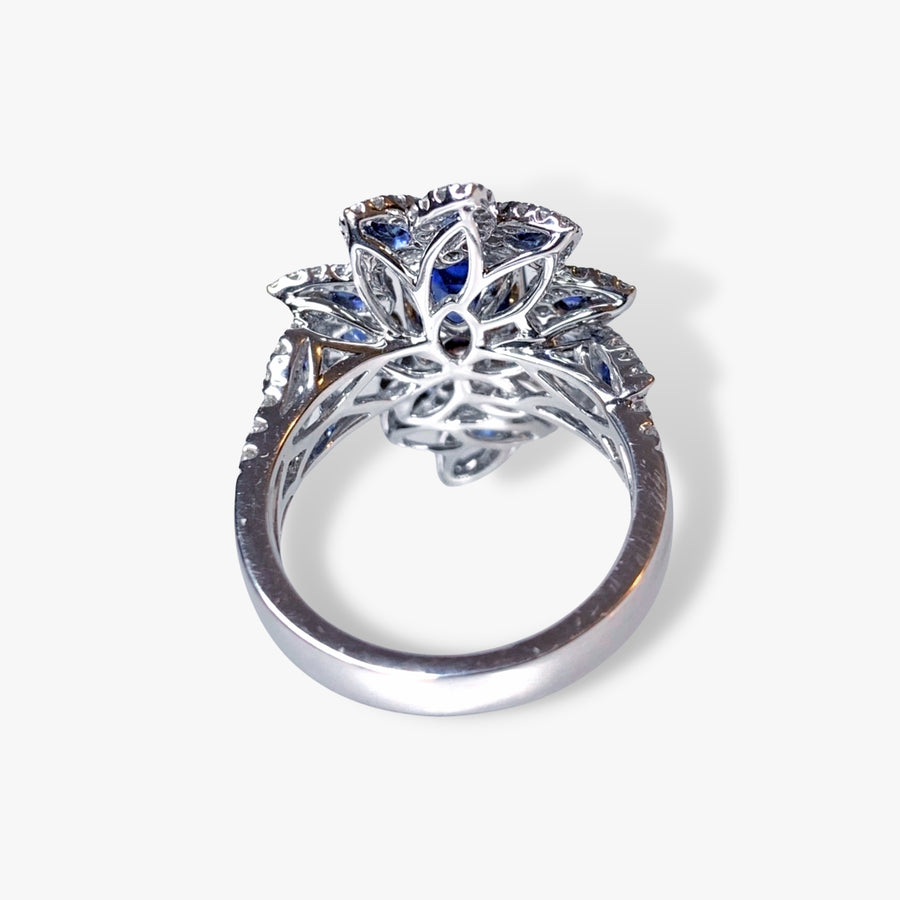 18k White Gold Emerald Cut Blue Sapphire and Diamond Floral Ring Back View