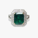 18k White Gold Emerald Diamond Double Halo Split Shank Ring