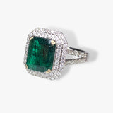 18k White Gold Emerald Diamond Double Halo Split Shank Ring Sides View