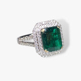 18k White Gold Emerald Diamond Double Halo Split Shank Ring Side View