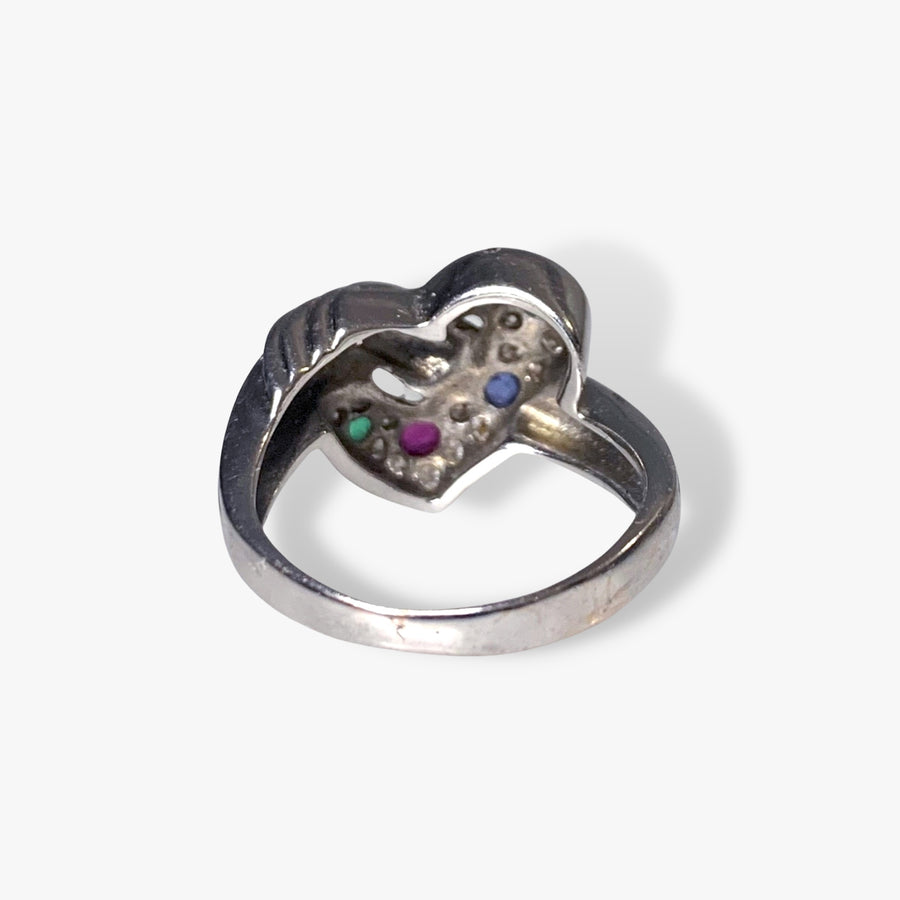 18k White Gold Emerald, Ruby, Sapphire and Diamond Heart Ring Back View