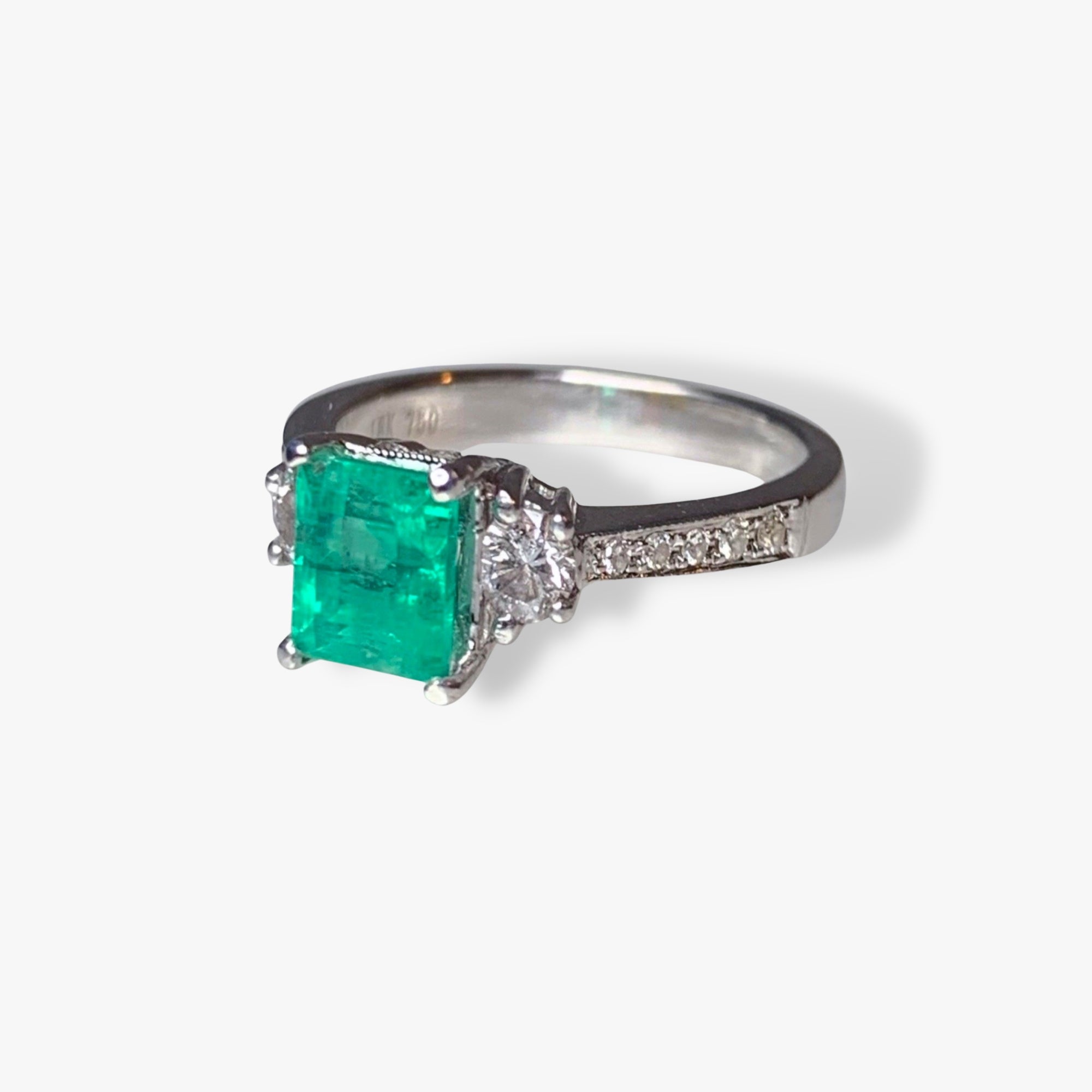 18k White Gold Emerald and Diamond Three-Stone Ring Side View