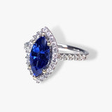 18k White Gold Marquise Cut Blue Sapphire Diamond Halo Ring Side View