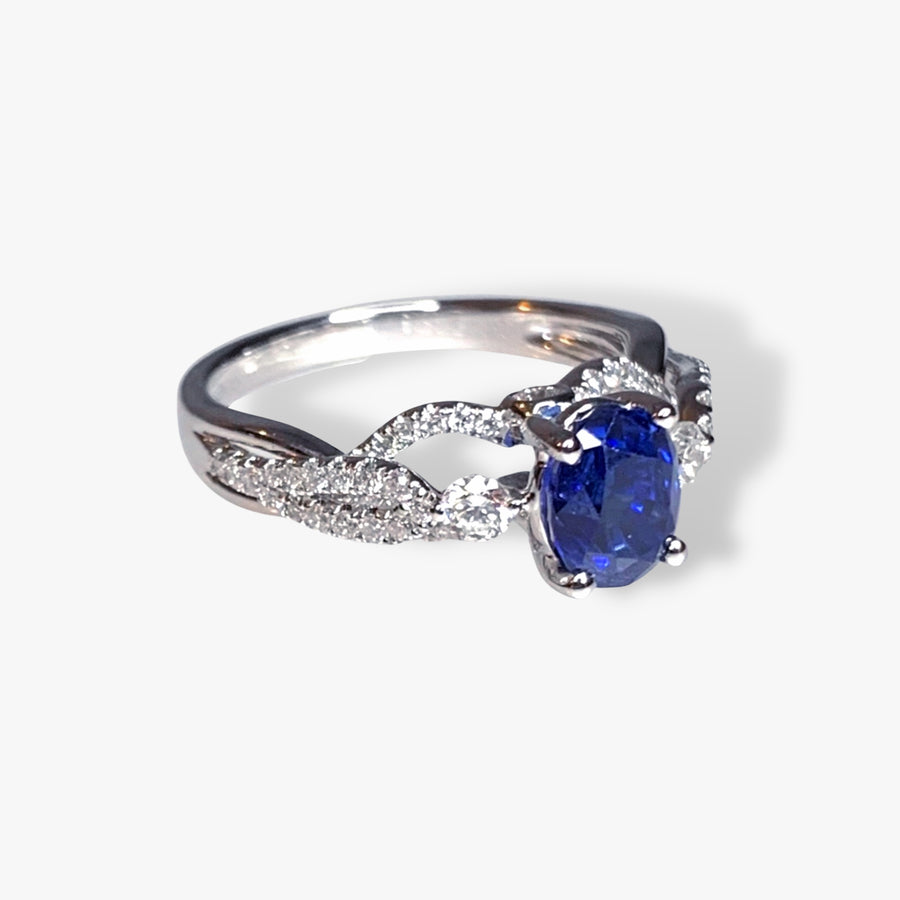 18k White Gold Oval Blue Sapphire and Diamond Twisted Shank Ring Side View