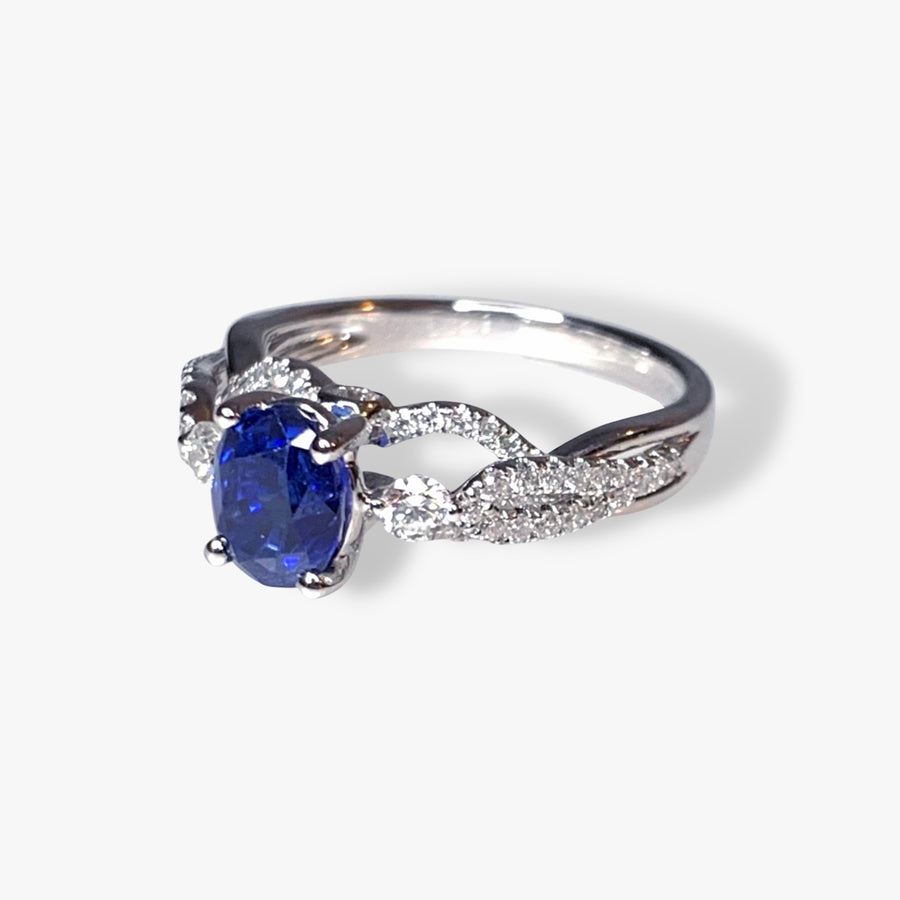 18k White Gold Oval Blue Sapphire and Diamond Twisted Shank Ring Side View