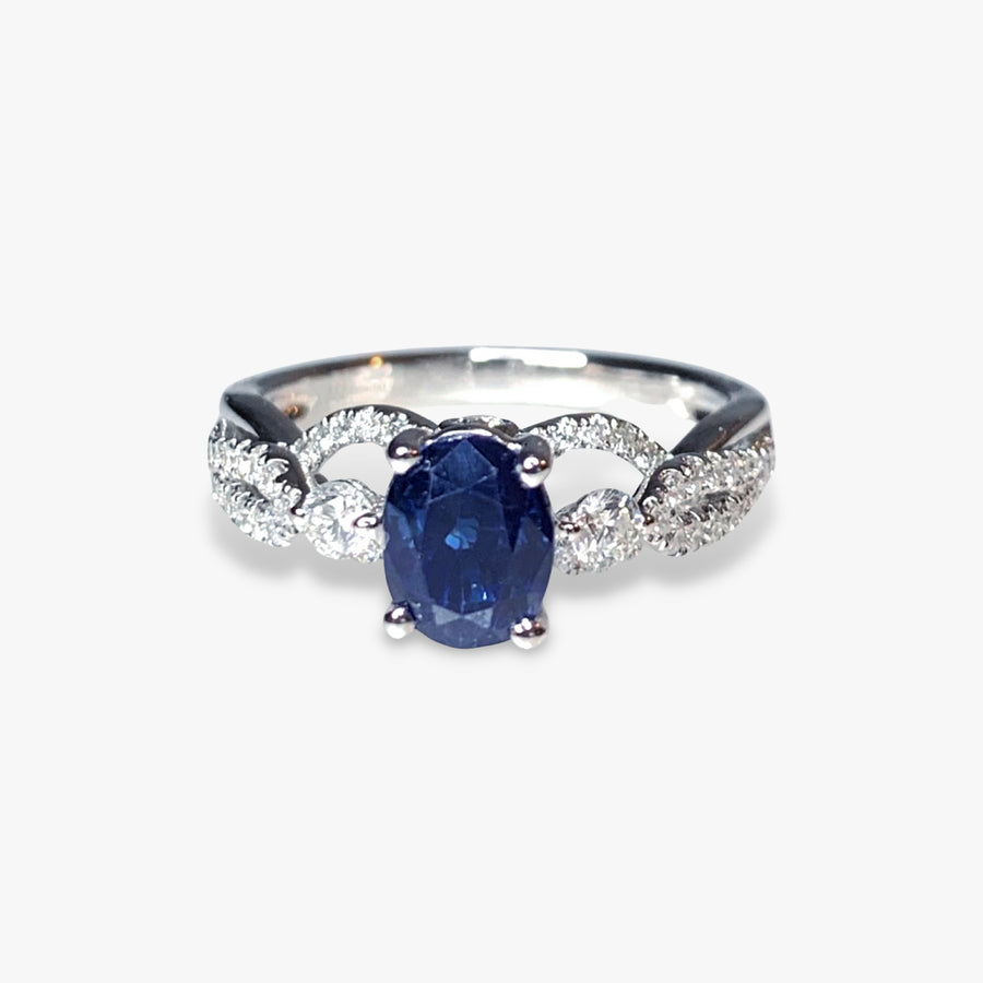 18k White Gold Oval Blue Sapphire and Diamond Twisted Shank Ring