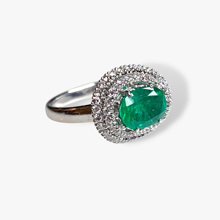 18k White Gold Oval Emerald and Diamond East-West Double Halo Ring Side View
