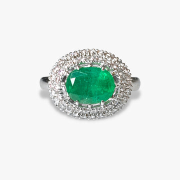 18k White Gold Oval Emerald and Diamond East-West Double Halo Ring