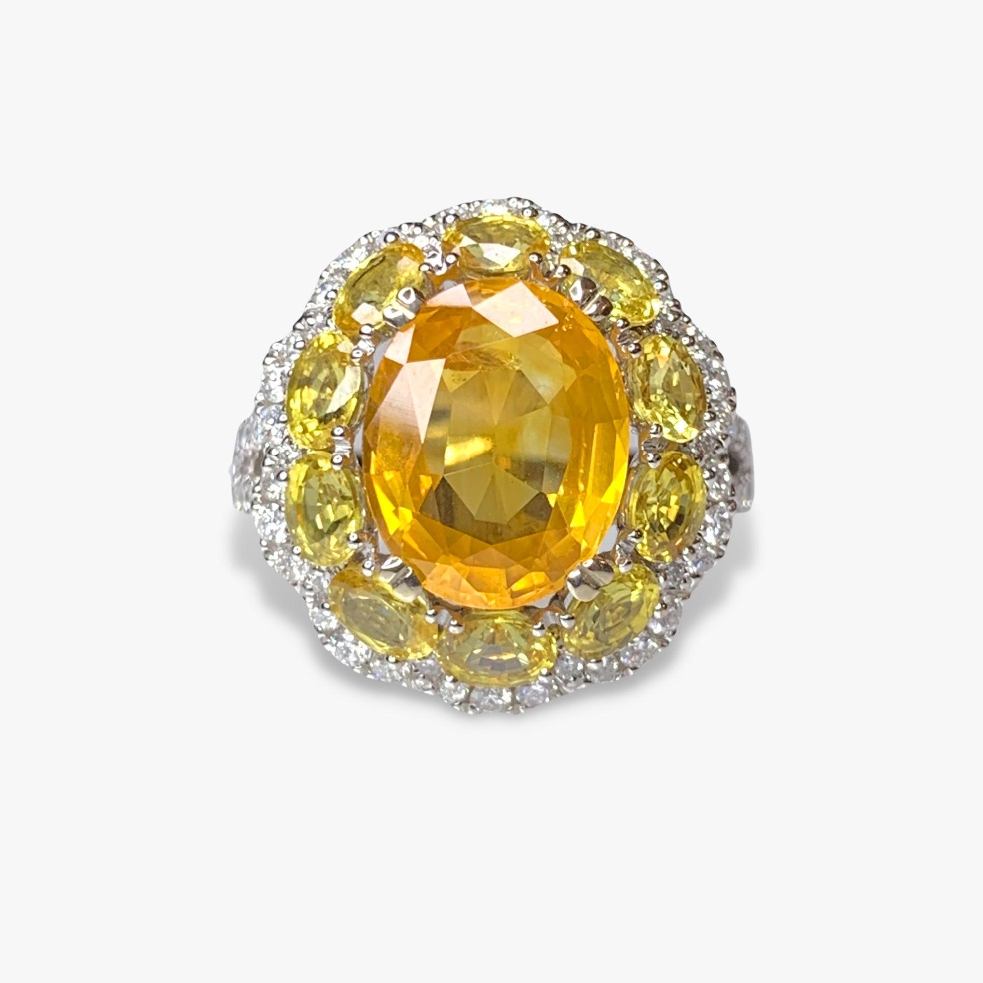 18k White Gold Oval Orangey-Yellow Sapphire and Diamond Cocktail Ring