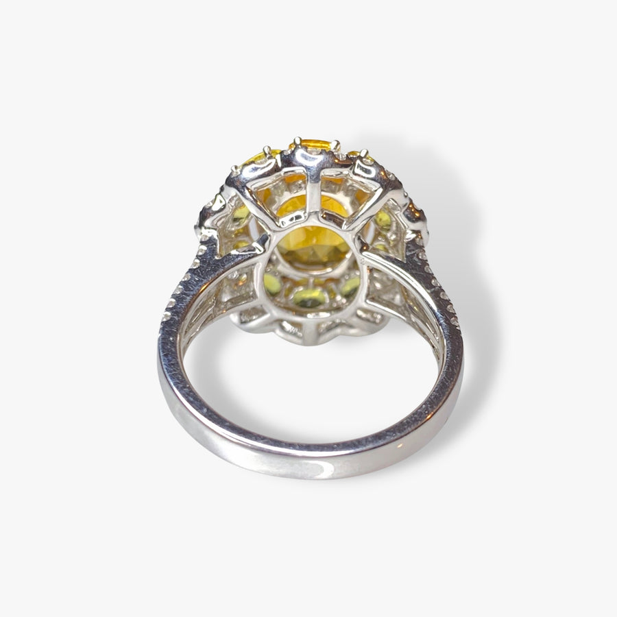 18k White Gold Oval Orangey-Yellow Sapphire and Diamond Cocktail Ring Back View