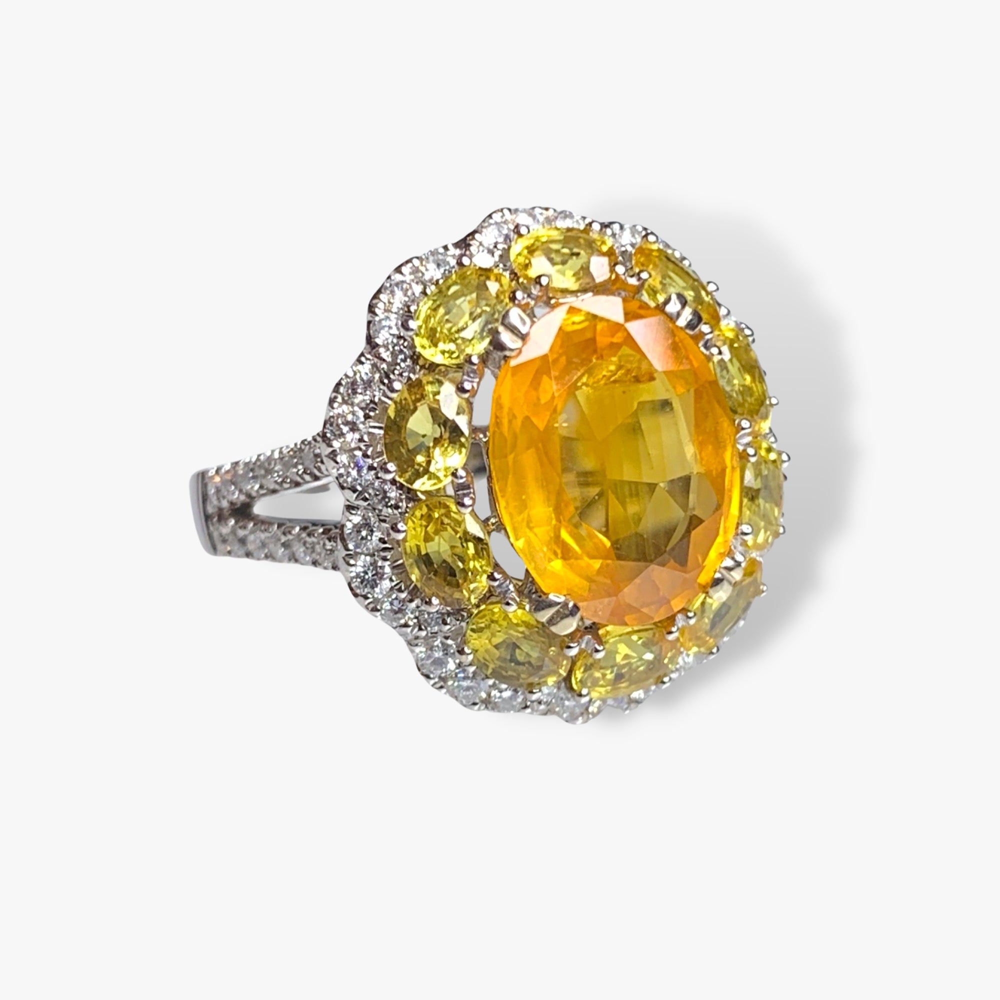 18k White Gold Oval Orangey-Yellow Sapphire and Diamond Cocktail Ring Side View