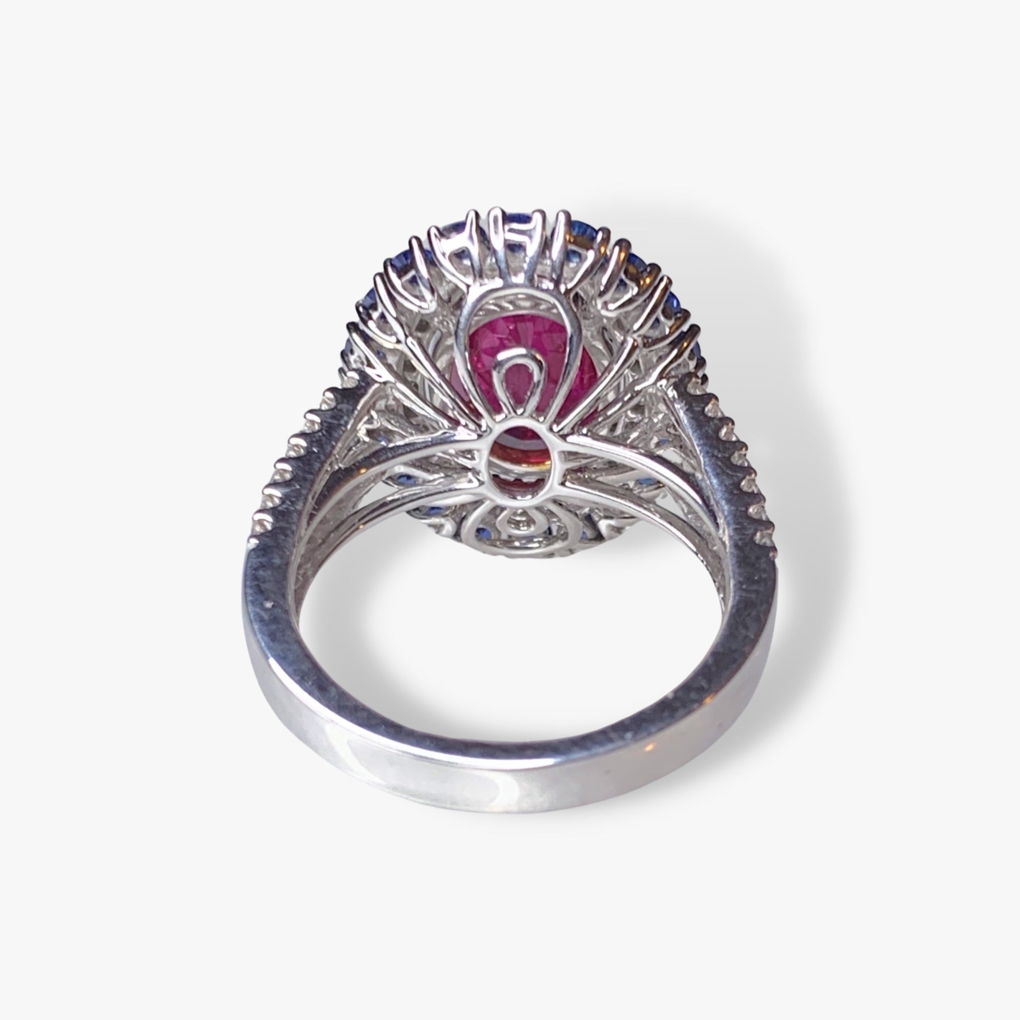 18k White Gold Oval Ruby Blue Sapphire and Diamond Halo Ring Back View