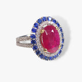 18k White Gold Oval Ruby Blue Sapphire and Diamond Halo Ring Side View