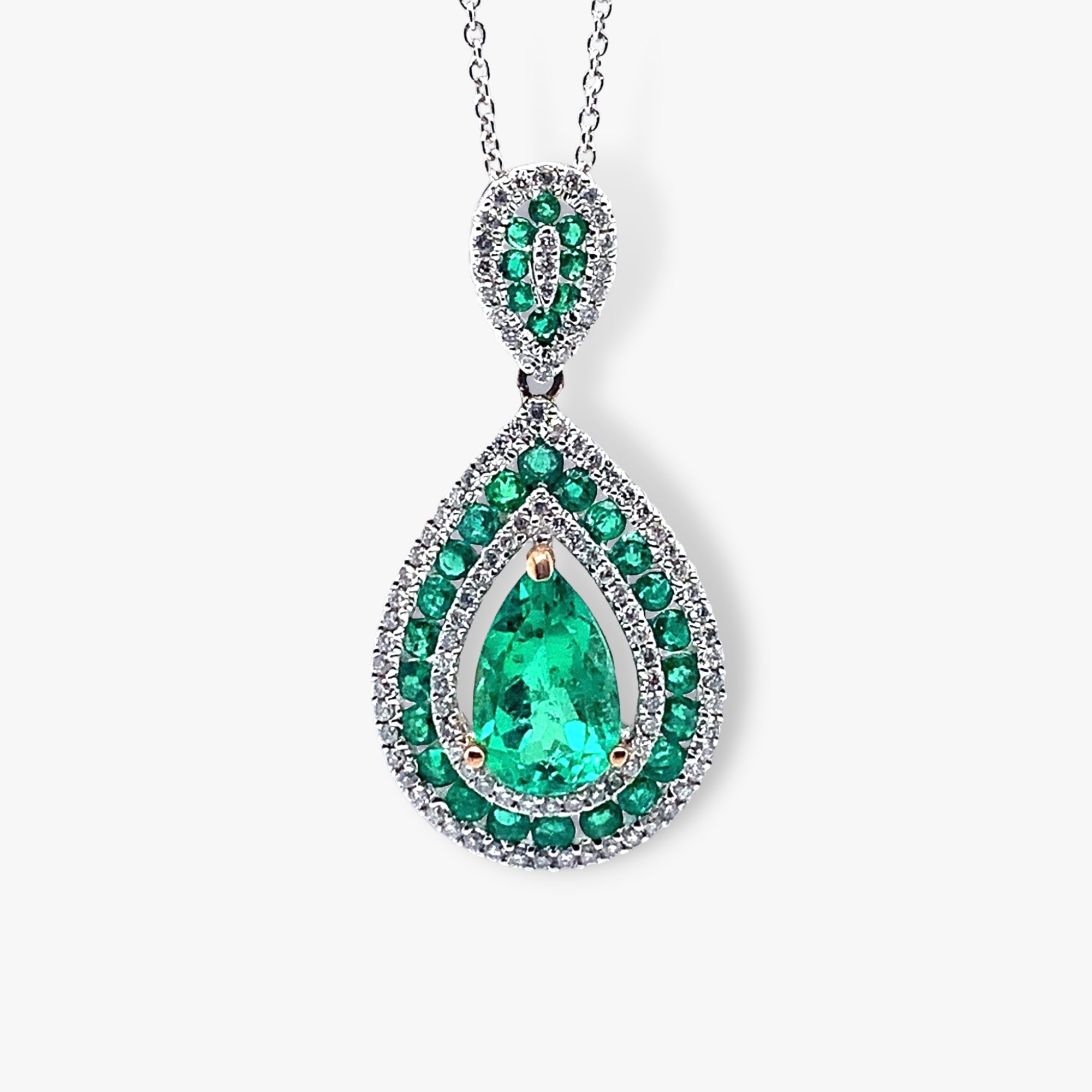 18k White Gold Pear-Shaped Emerald and Diamond Pendant