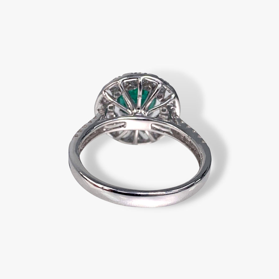 18k White Gold Round Emerald Diamond Floral Cocktail Ring Back View