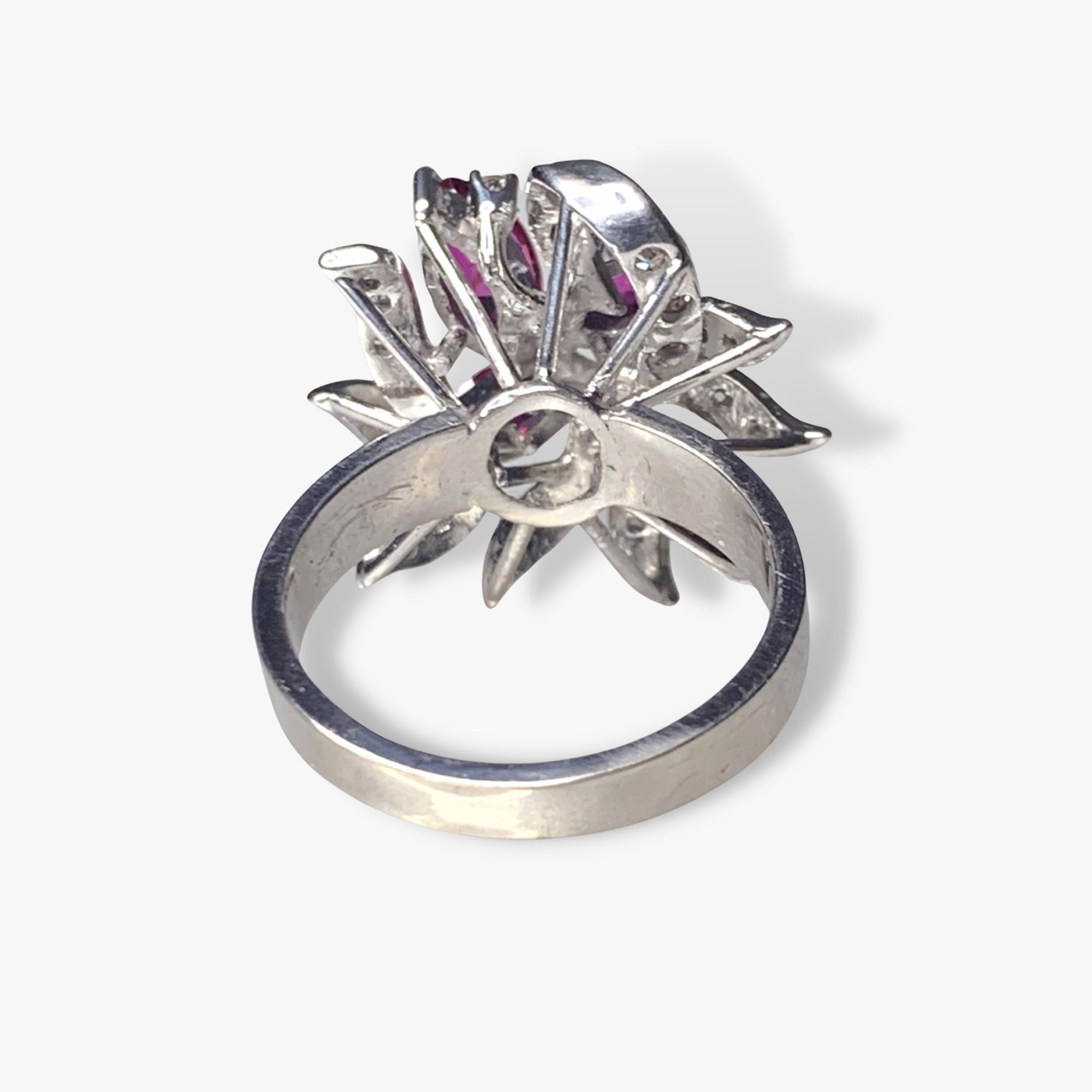18k White Gold Ruby and Diamond Vintage Flower Ring Back View