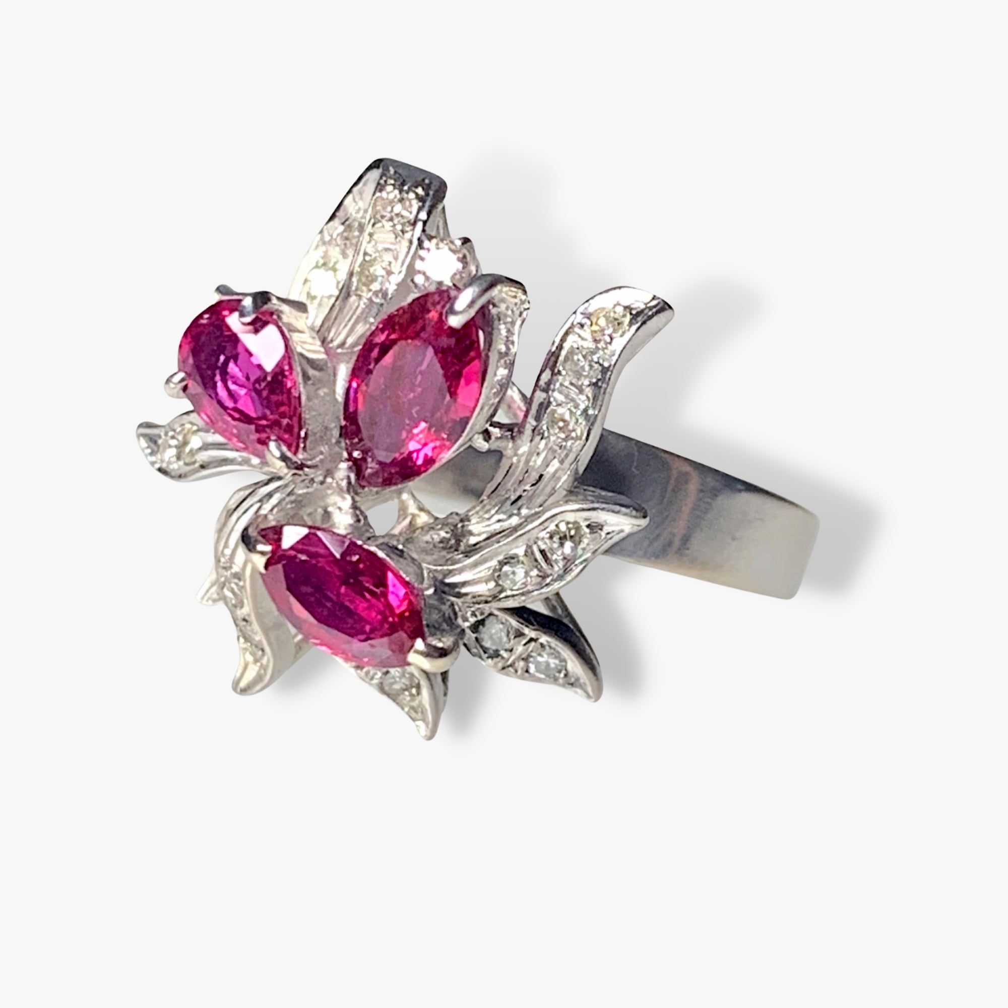 18k White Gold Ruby and Diamond Vintage Flower Ring Side View