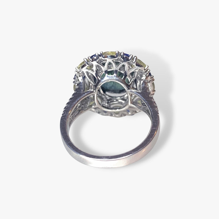 18k White Gold Teal, Blue and Yellow Sapphire Diamond Cocktail Ring Back View