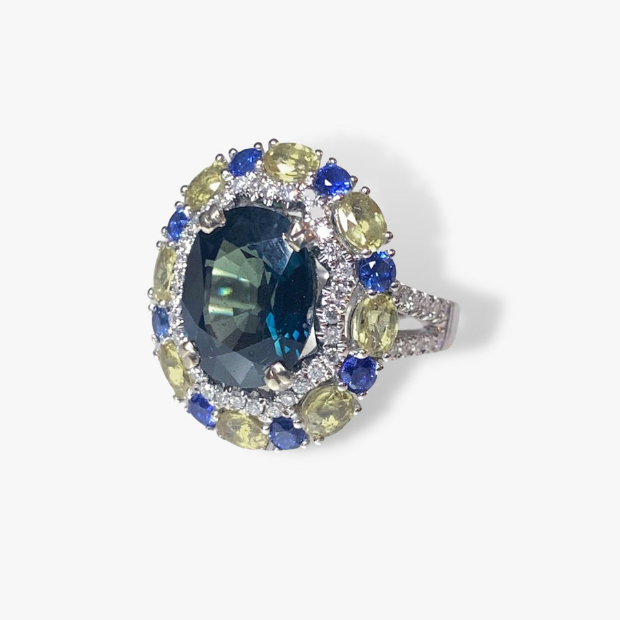 18k White Gold Teal, Blue and Yellow Sapphire Diamond Cocktail Ring Side View