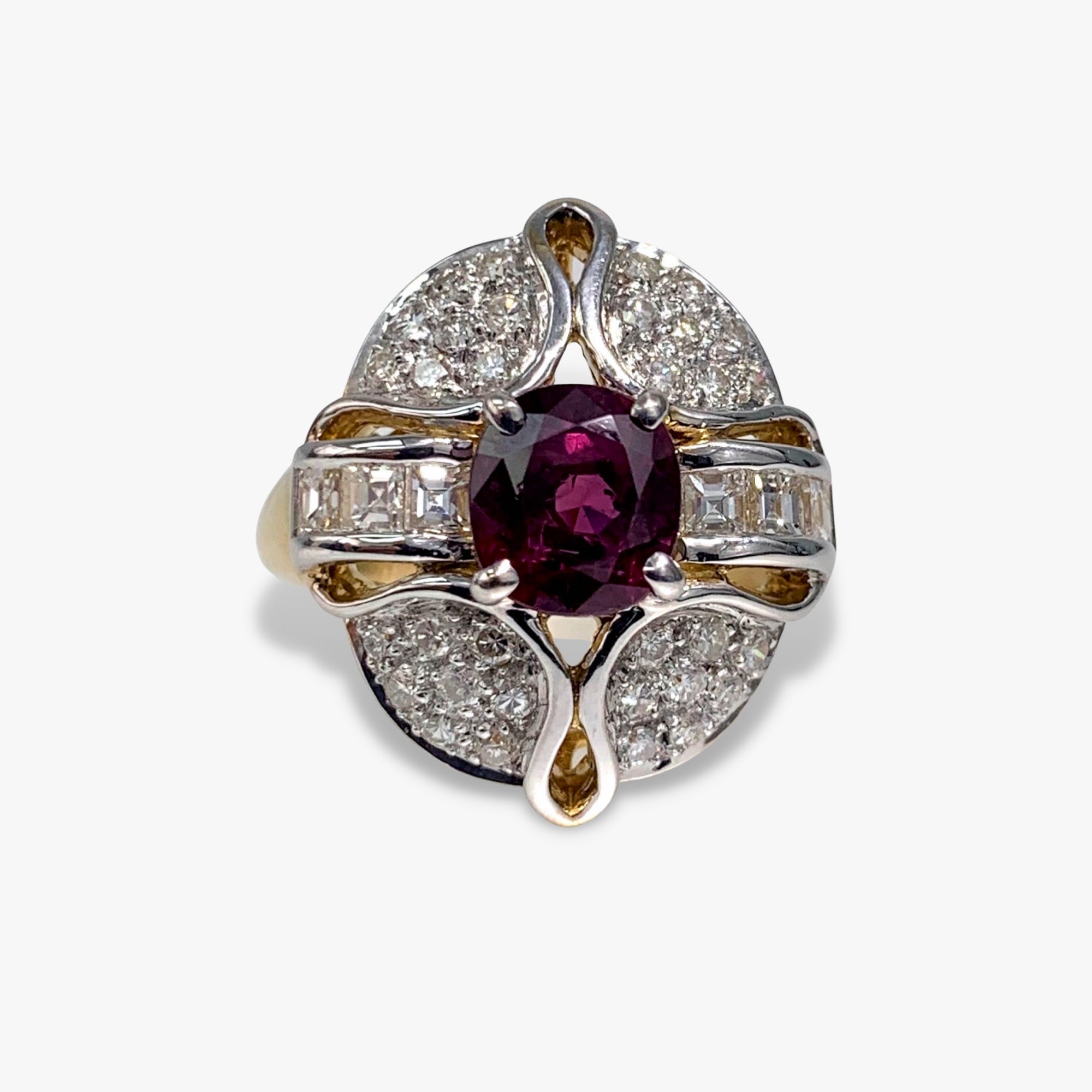 18k White and Yellow Gold Ruby and Diamond Vintage Cocktail Ring