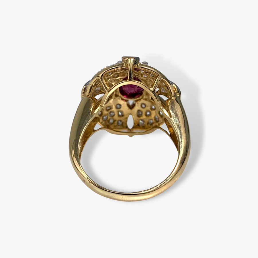 18k White and Yellow Gold Ruby and Diamond Vintage Cocktail Ring Back View
