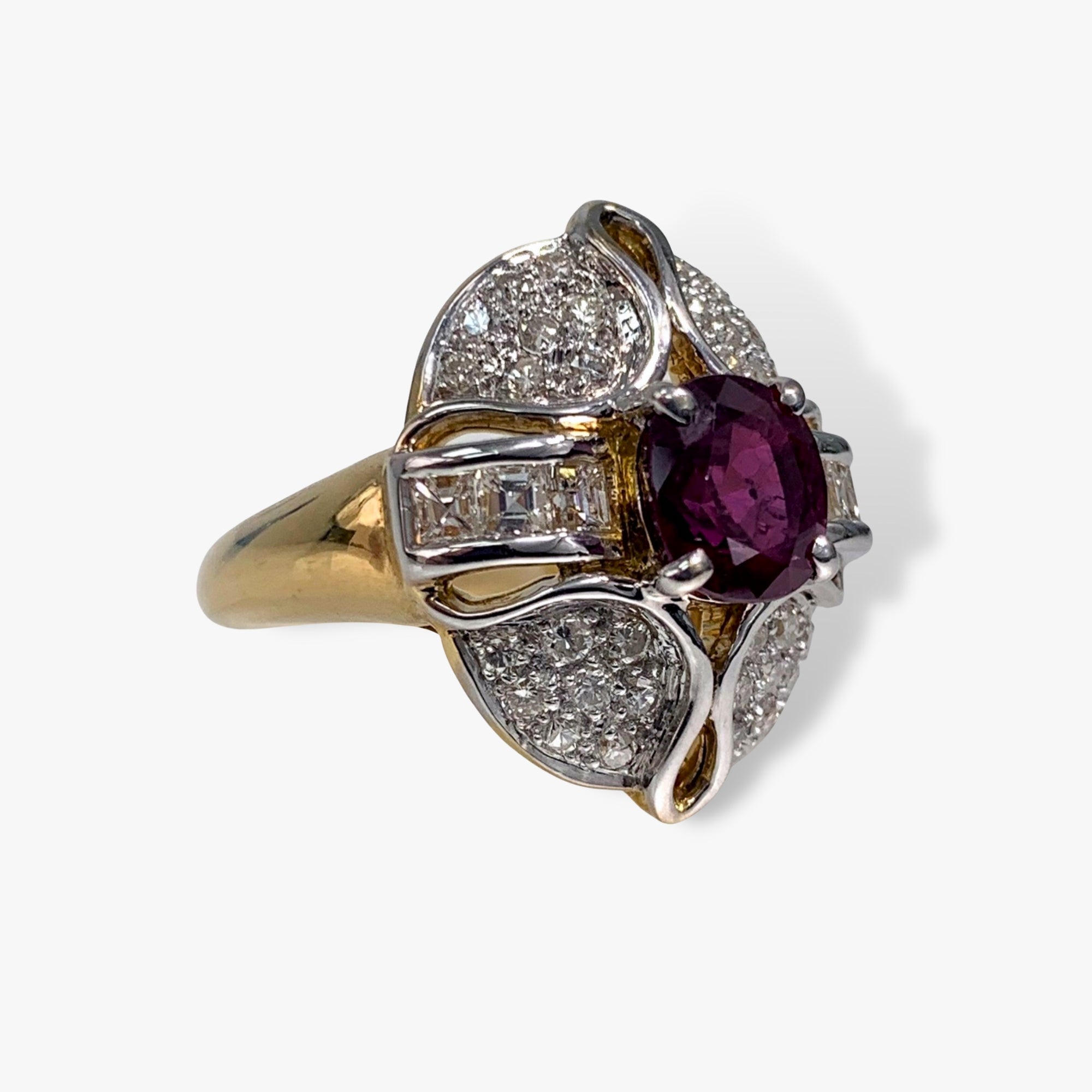 18k White and Yellow Gold Ruby and Diamond Vintage Cocktail Ring Side View