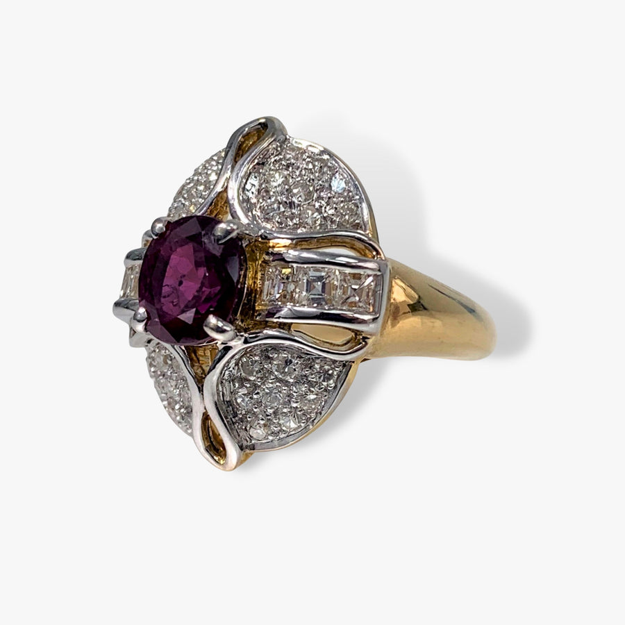 18k White and Yellow Gold Ruby and Diamond Vintage Cocktail Ring Side View