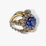 18k Yellow Gold Blue Sapphire and Diamond Two-Toned Gold Vintage Ring Side View