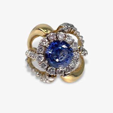 18k Yellow Gold Blue Sapphire and Diamond Two-Toned Gold Vintage Ring