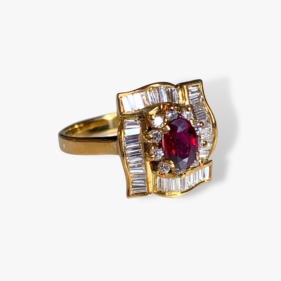 18k Yellow Gold Oval Ruby and Baguette and Round Diamond Cluster Ring Side View