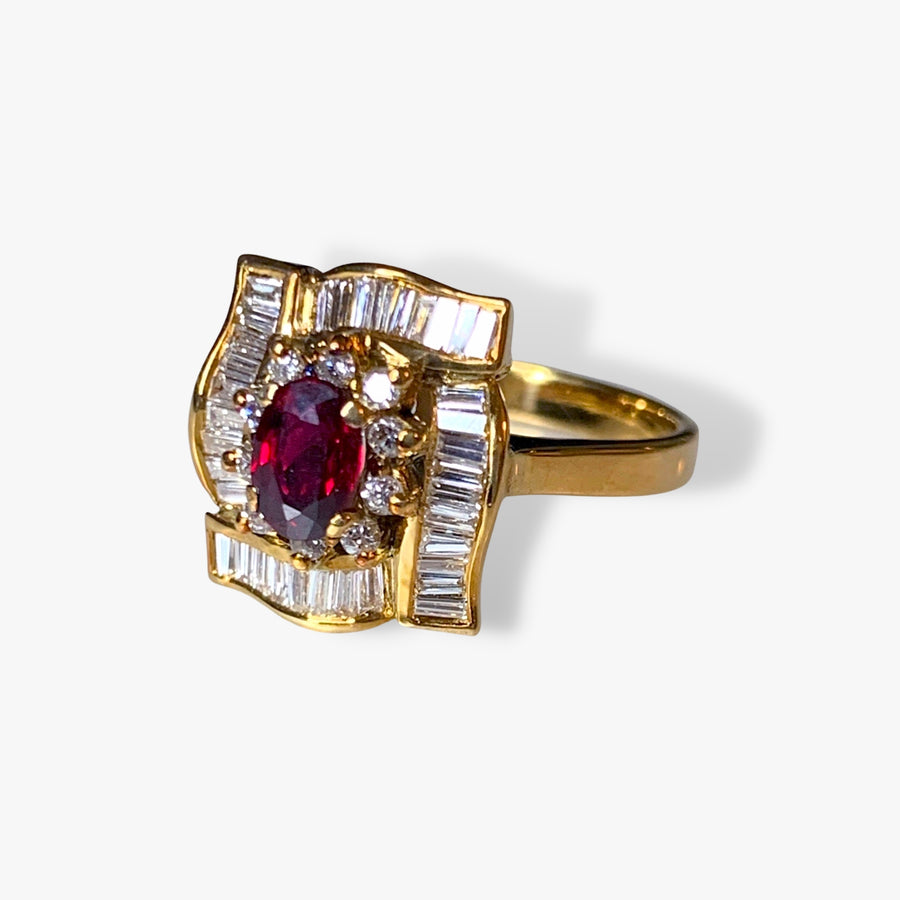 18k Yellow Gold Oval Ruby and Baguette and Round Diamond Cluster Ring Side View