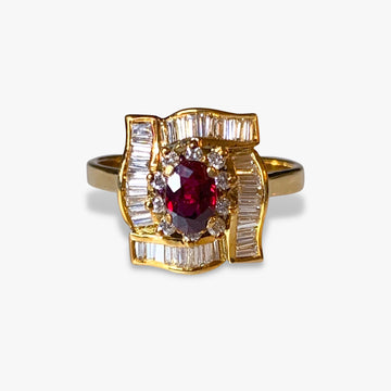 18k Yellow Gold Oval Ruby and Baguette and Round Diamond Cluster Ring