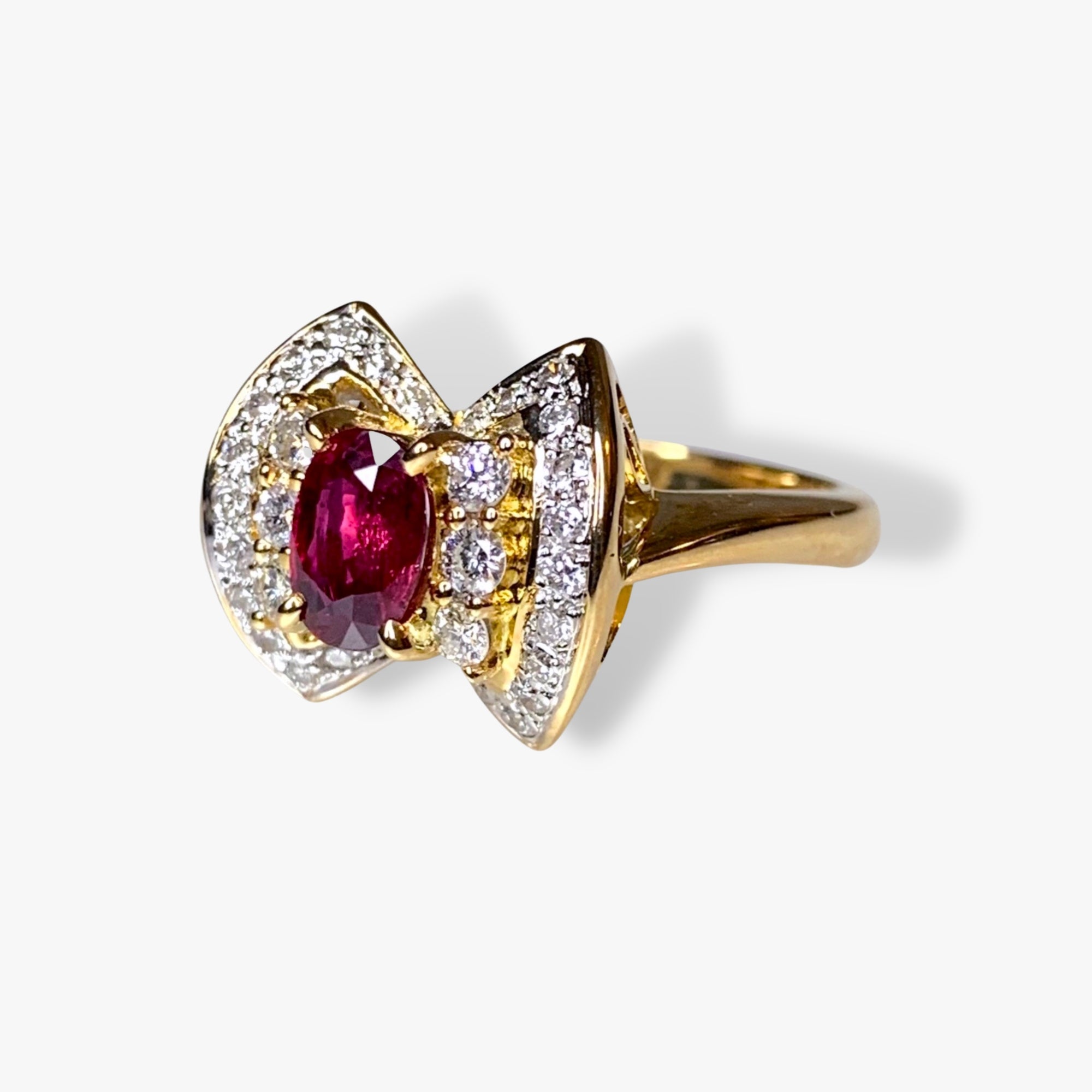18k Yellow Gold Oval Ruby and Round Diamond Vintage Cluster Ring Side View