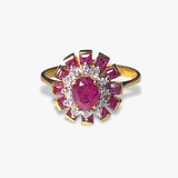 18k Yellow Gold Oval and Princess Cut Ruby and Round Diamond Cluster Ring