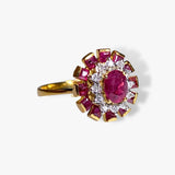 18k Yellow Gold Oval and Princess Cut Ruby and Round Diamond Cluster Ring Side View