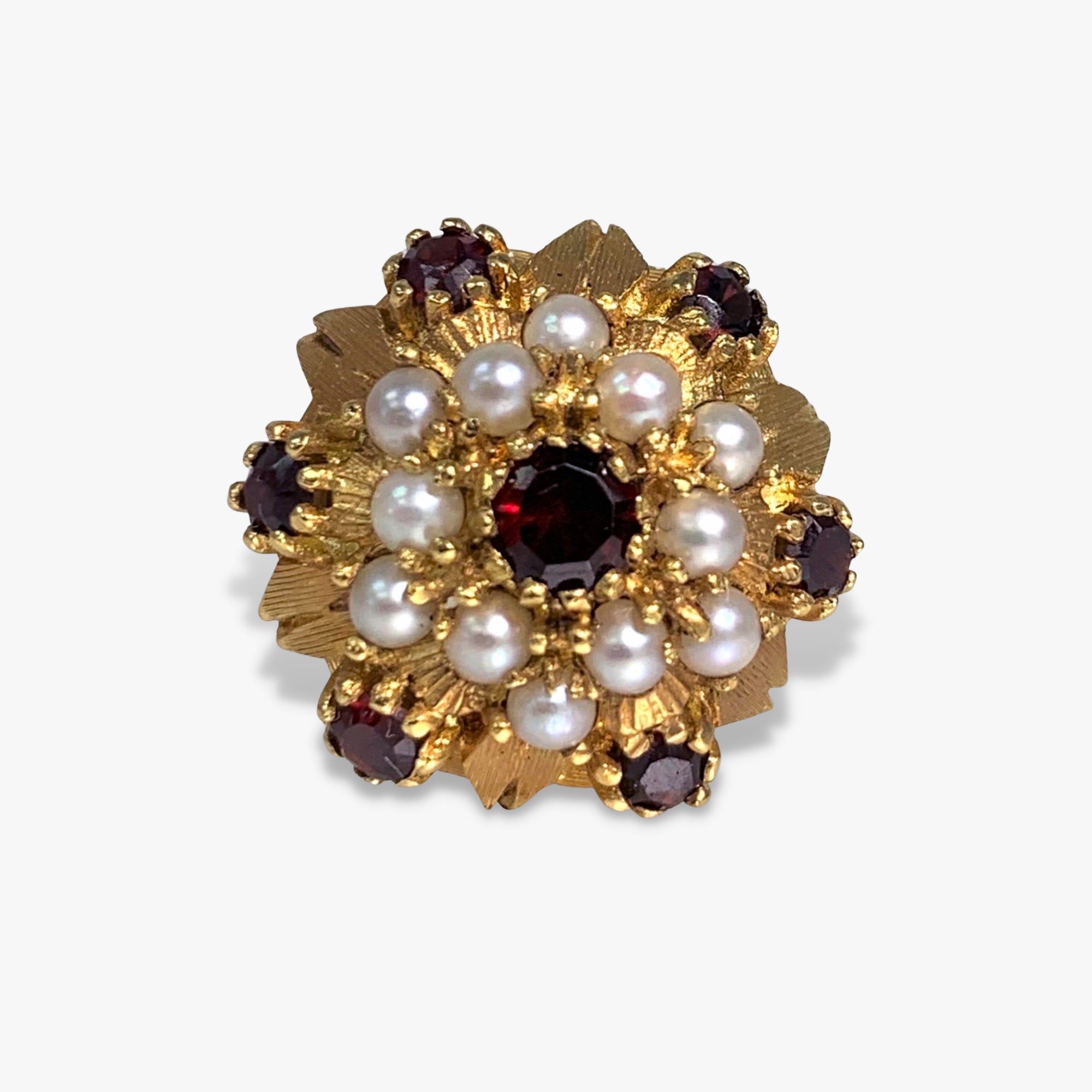 18k Yellow Gold Round Garnet and Pearl Vintage Flower Ring