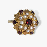 18k Yellow Gold Round Garnet and Pearl Vintage Flower Ring Side View