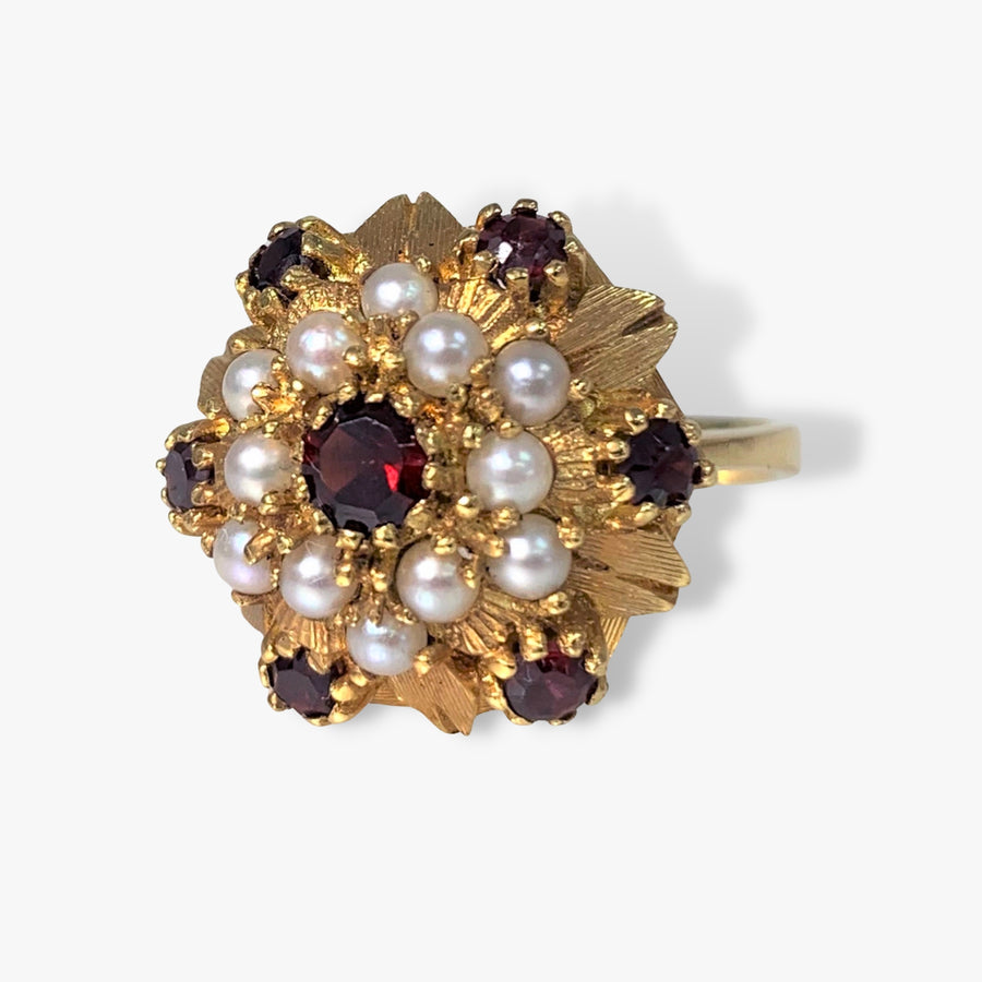 18k Yellow Gold Round Garnet and Pearl Vintage Flower Ring Side View