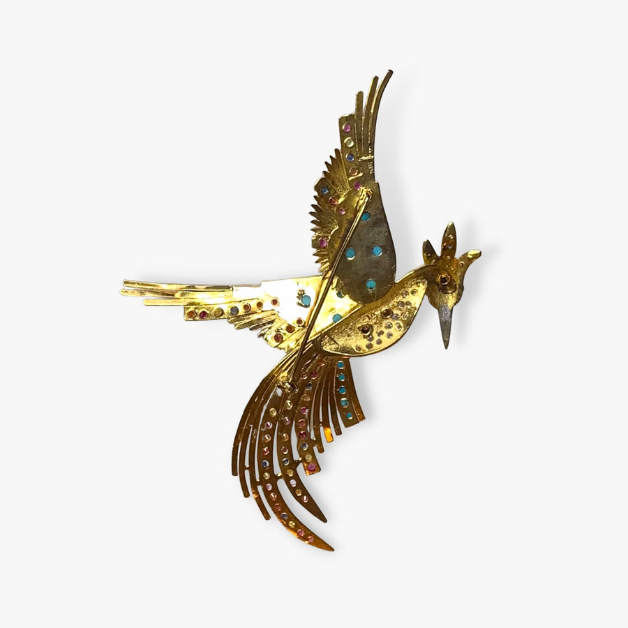 18k Yellow Gold Turquoise, Sapphire and Diamond Bird Brooch Back View